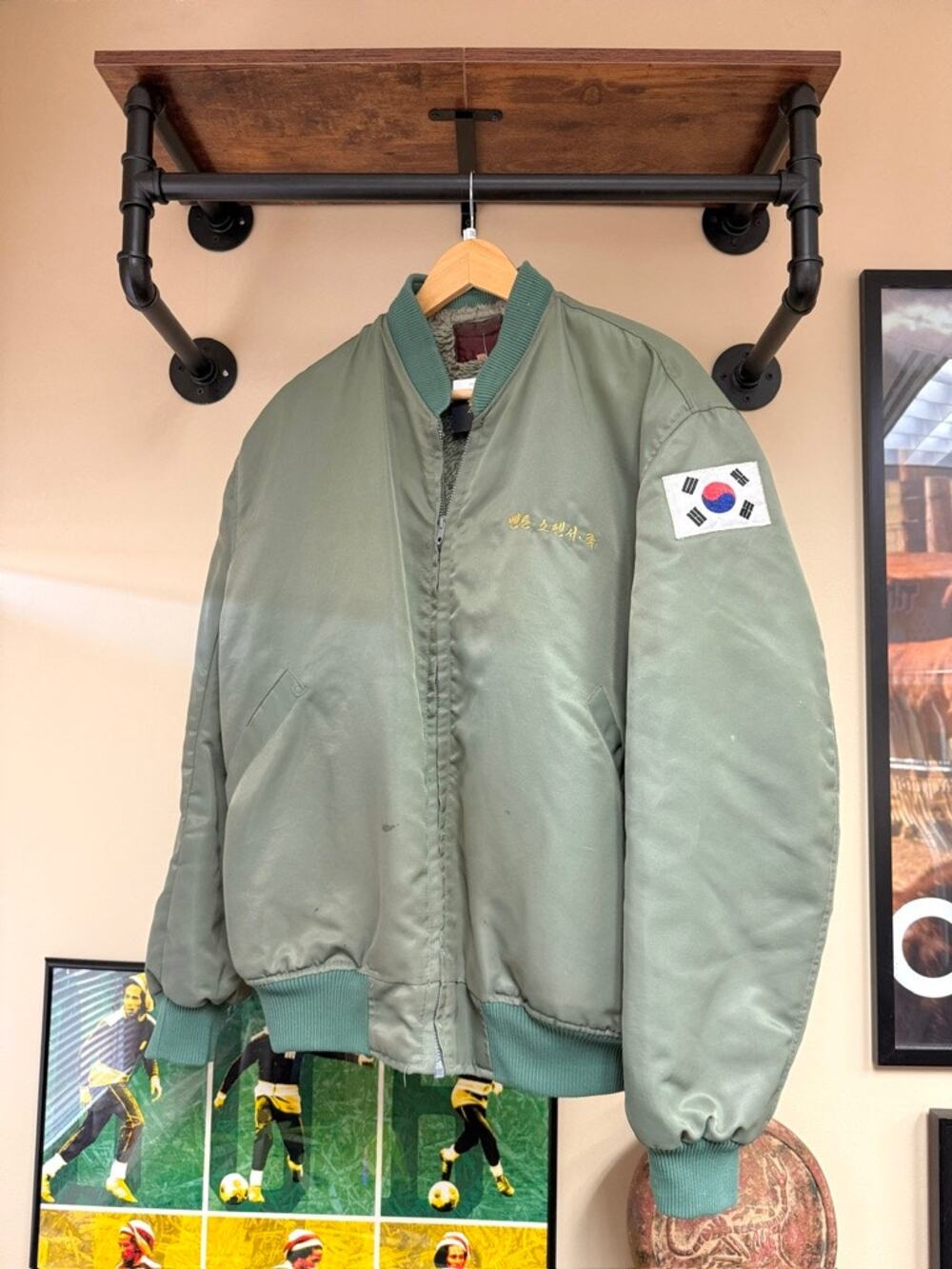 80s Korean War Vintage Military Supply Olive Green Bomber Flight Patch Jacket
